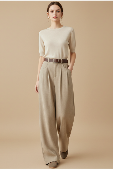 Pantalon Baggy Beige Ample Taille Haute Femme - Tweed