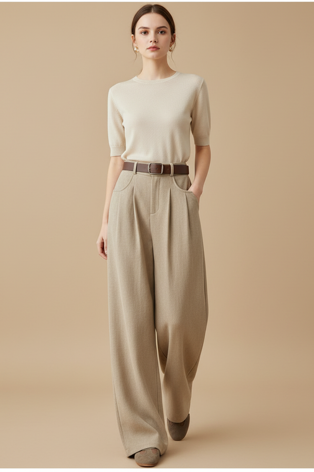 Pantalon Baggy Beige Ample Taille Haute Femme - Tweed