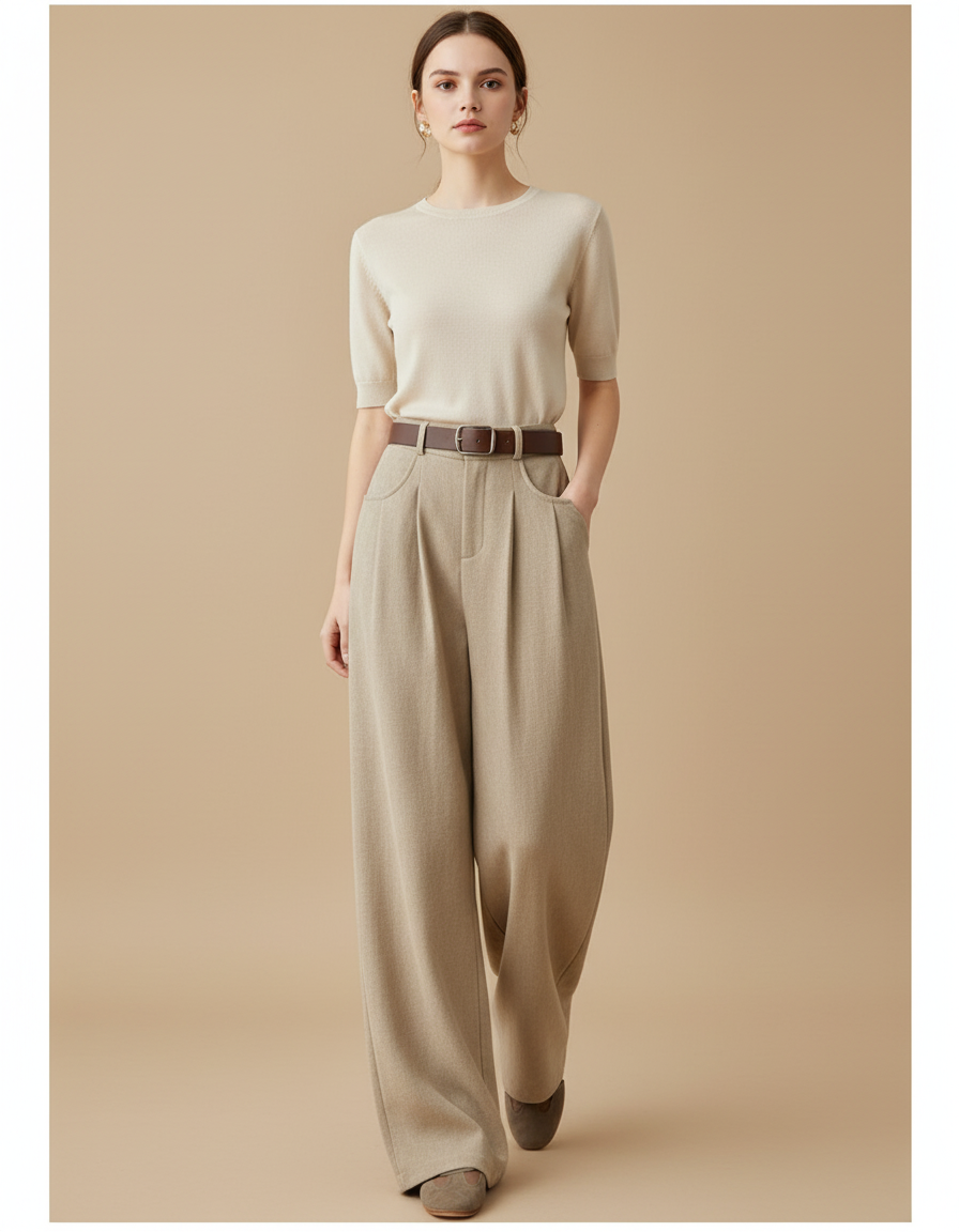 Pantalon Baggy Beige Ample Taille Haute Femme - Tweed