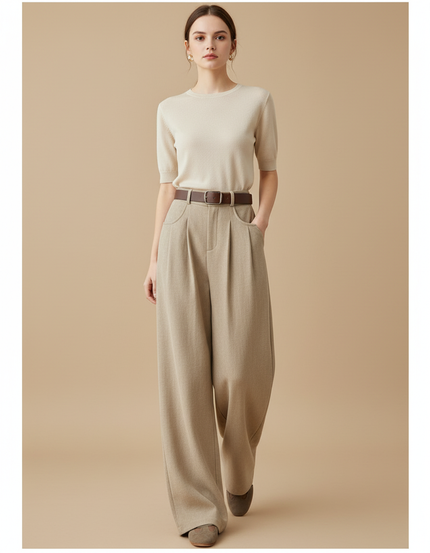 Pantalon Baggy Beige Ample Taille Haute Femme - Tweed