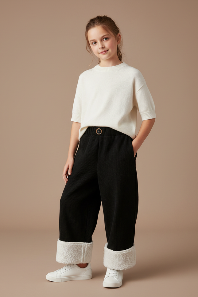 Pantalon Baggy Noir Velours Côtelé Doublé Sherpa Fille - Cordé