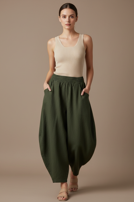Pantalon Baggy Vert Ample Coton Femme Décontracté - Lin