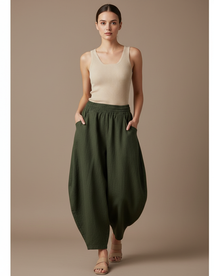 Pantalon Baggy Vert Ample Coton Femme Décontracté - Lin