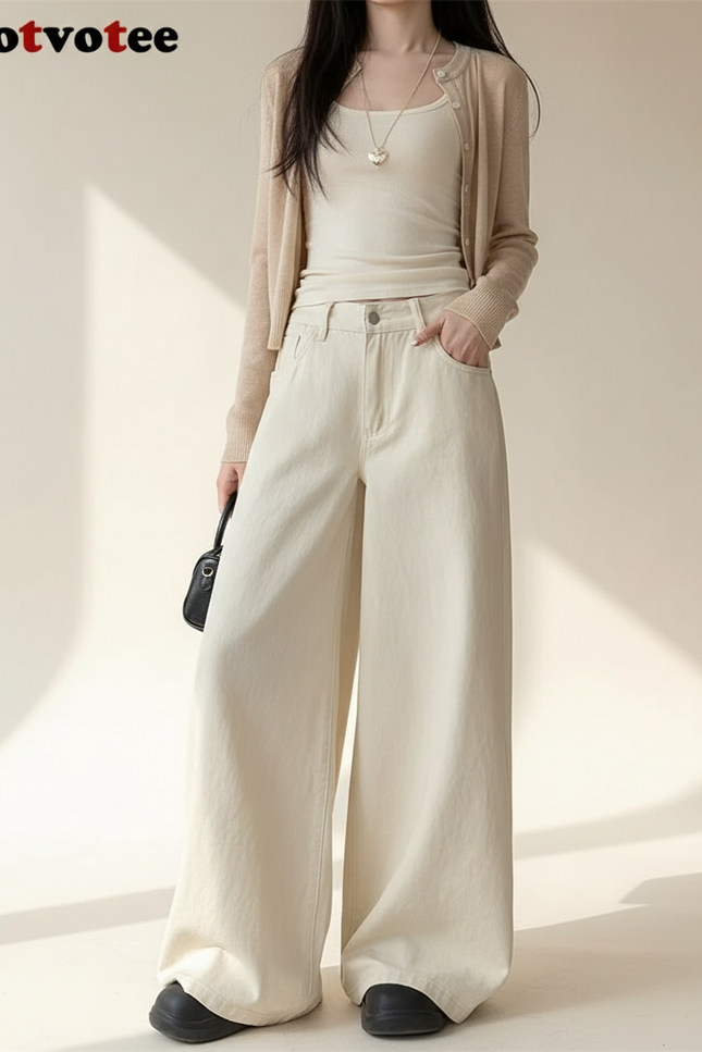 Pantalon Baggy Beige Ample Taille Haute Décontracté - Jean