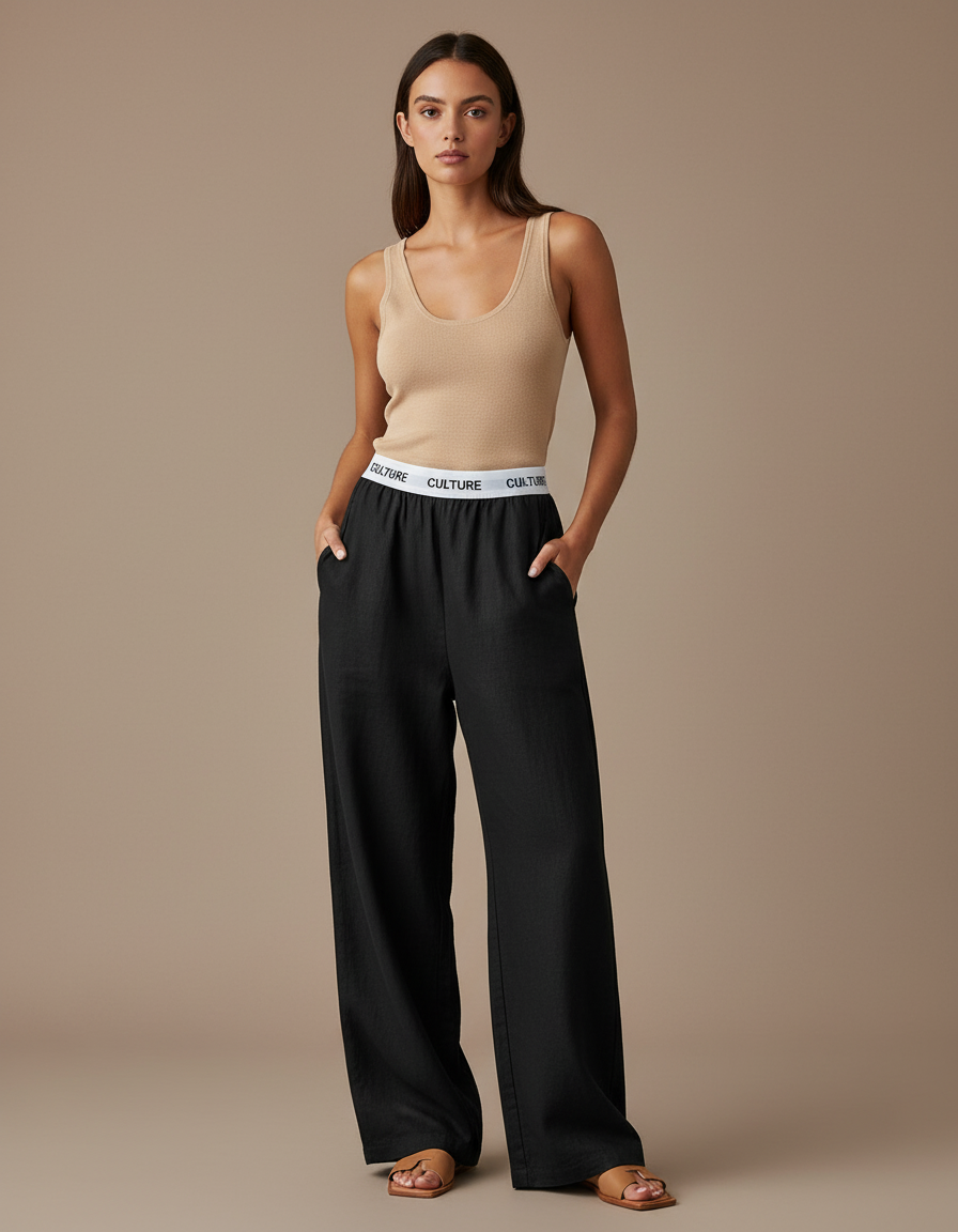 Pantalon Baggy Noir Ample Confortable CULTURE Femme - Lin