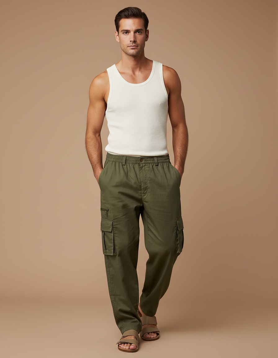 Pantalon Baggy Kaki Cargo Ample Coton Homme
