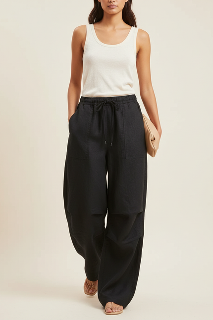 Pantalon Baggy Noir Lin Fluide Décontracté Femme