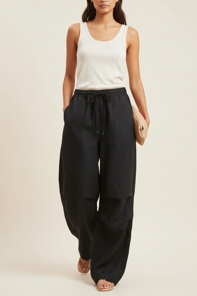 Pantalon Baggy Noir Lin Fluide Décontracté Femme