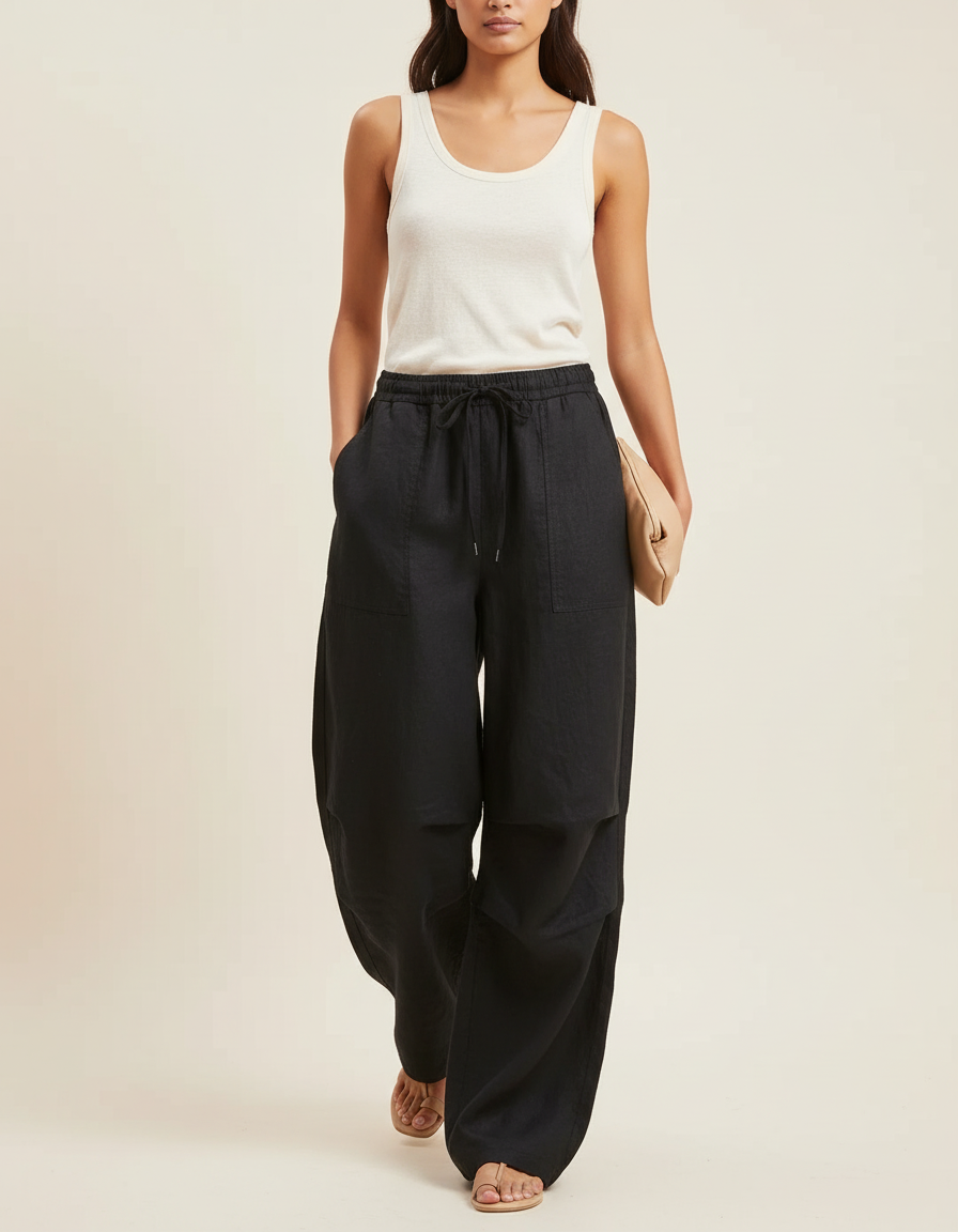 Pantalon Baggy Noir Lin Fluide Décontracté Femme