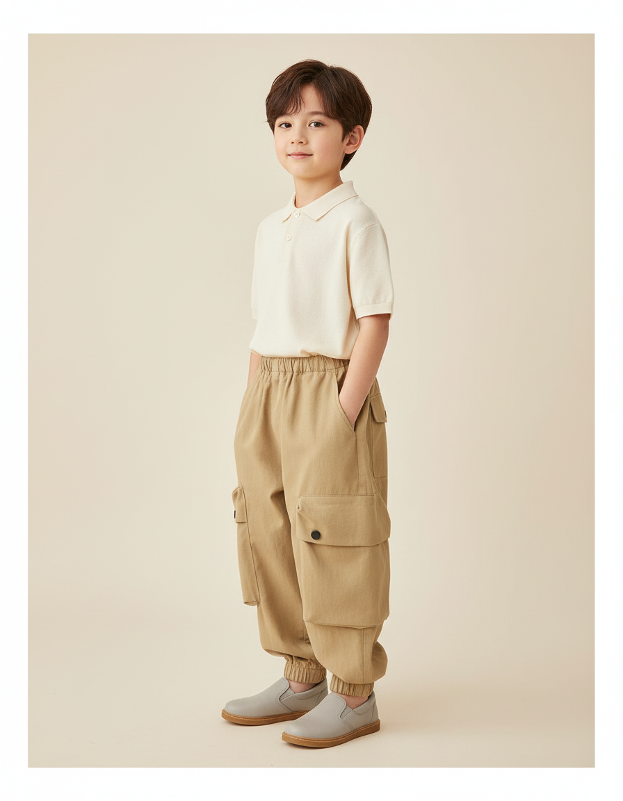 Pantalon Baggy Beige Cargo Ample Décontracté Garçon - Toile