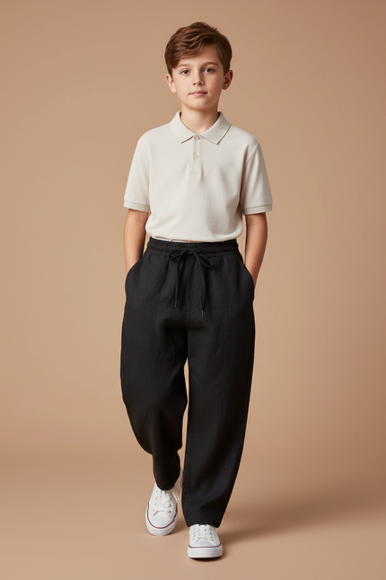 Pantalon Baggy Noir Lin Ample Décontracté Garçon