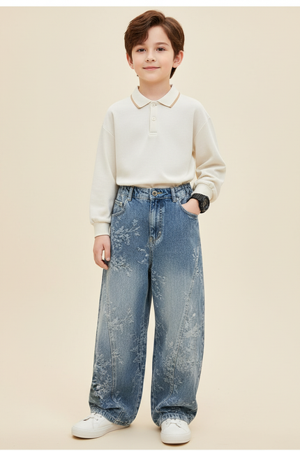 Pantalon Baggy Jean Bleu Ample Imprimé Floral Garçon