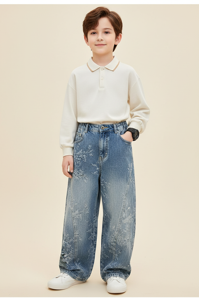 Pantalon Baggy Jean Bleu Ample Imprimé Floral Garçon