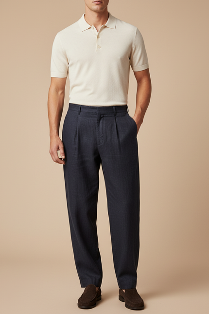 Pantalon Baggy Bleu Marine Plissé Ample Coton Homme - Lin