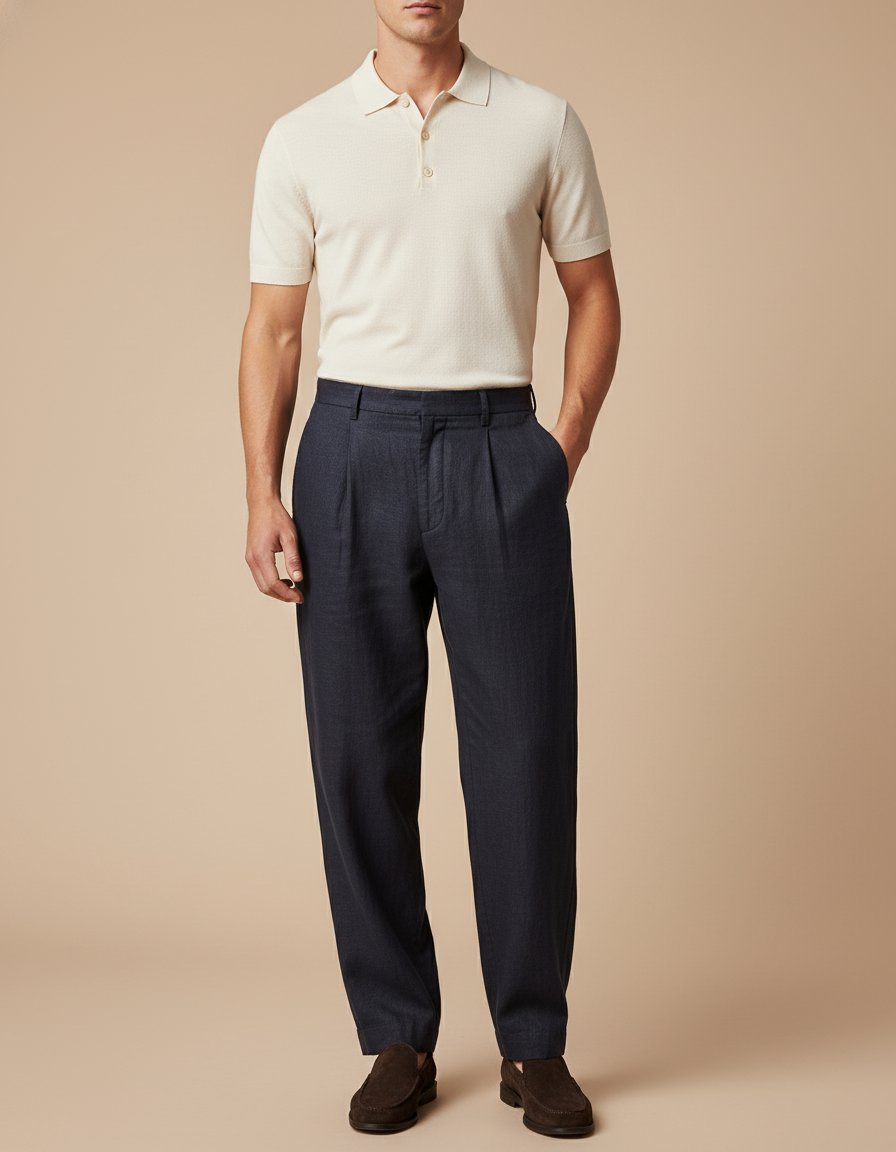 Pantalon Baggy Bleu Marine Plissé Ample Coton Homme - Lin