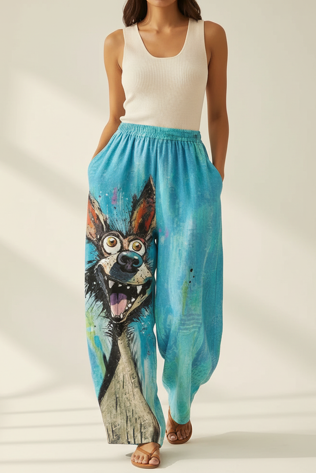 Pantalon Baggy Bleu Imprimé Chien Ample Décontracté - Lin