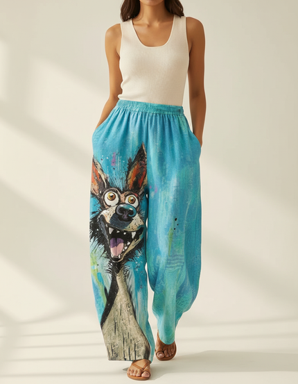 Pantalon Baggy Bleu Imprimé Chien Ample Décontracté - Lin
