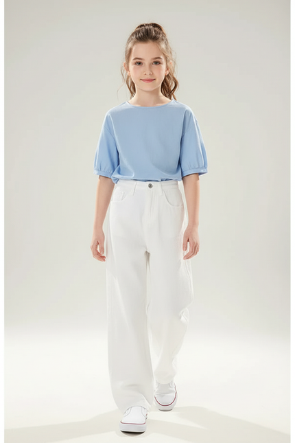 Pantalon Baggy Blanc Ample Taille Haute Fille - Molleton