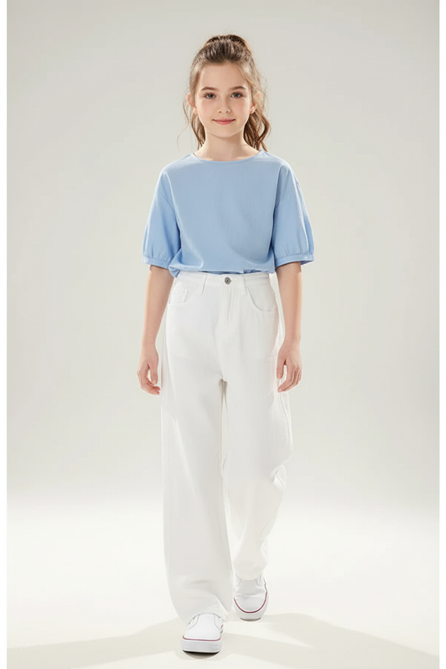 Pantalon Baggy Blanc Ample Taille Haute Fille - Molleton