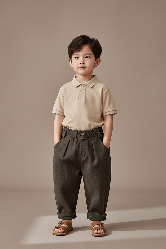 Pantalon Baggy Marron Coton Ample Plissé Enfant - Tweed