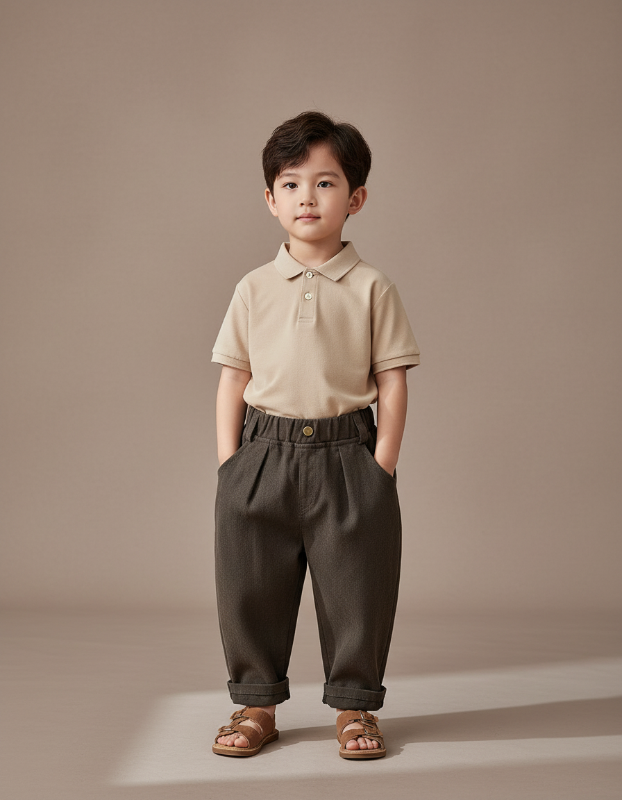 Pantalon Baggy Marron Coton Ample Plissé Enfant - Tweed