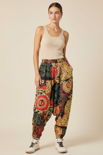 Pantalon Baggy Imprimé Ethnique Ample Bohème Coloré - Multicolore Viscose