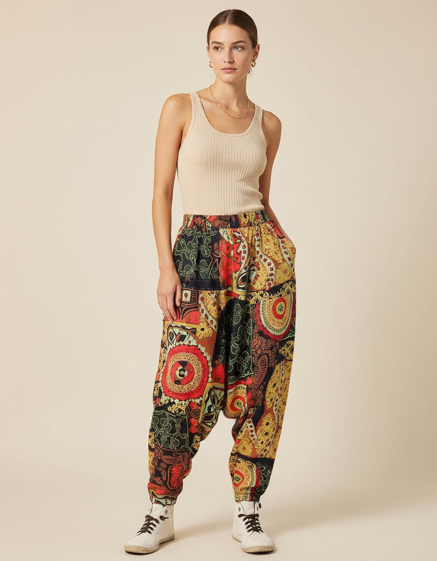 Pantalon Baggy Imprimé Ethnique Ample Bohème Coloré - Multicolore Viscose