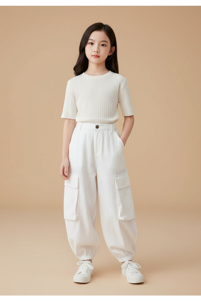 Pantalon Baggy Blanc Ample Cargo Cordon Fille - Lin