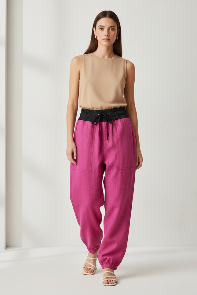 Pantalon Baggy Fuchsia Lin Ample Élastiqué Décontracté - Rose