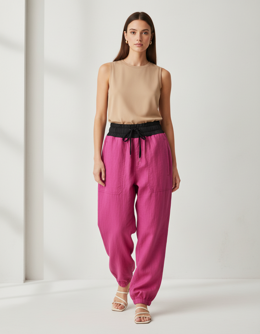 Pantalon Baggy Fuchsia Lin Ample Élastiqué Décontracté - Rose