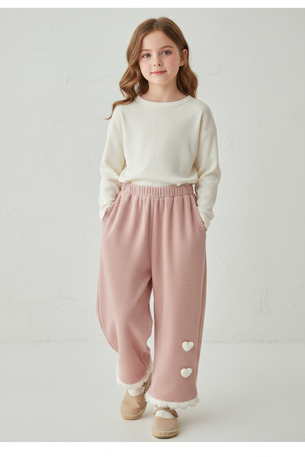 Pantalon Baggy Rose Ample Hiver Cœur Fille - Maille