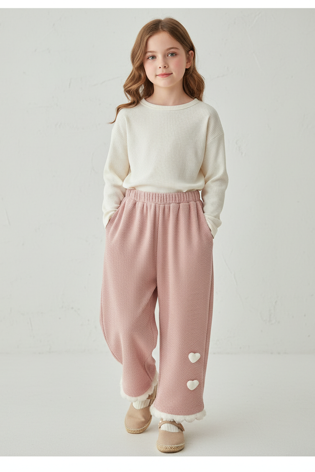 Pantalon Baggy Rose Ample Hiver Cœur Fille - Maille