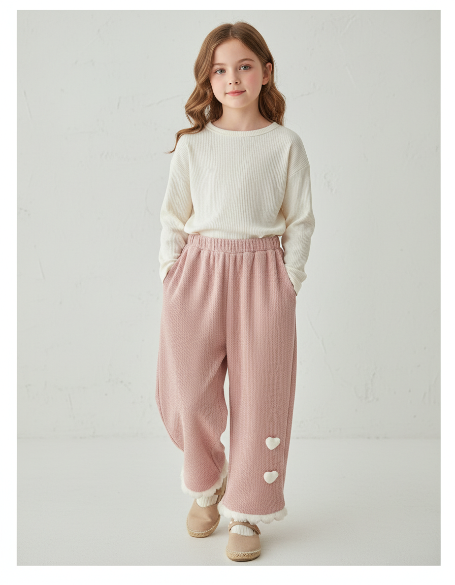 Pantalon Baggy Rose Ample Hiver Cœur Fille - Maille