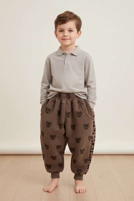 Pantalon Baggy Marron Molletonné Imprimé Ours Enfant