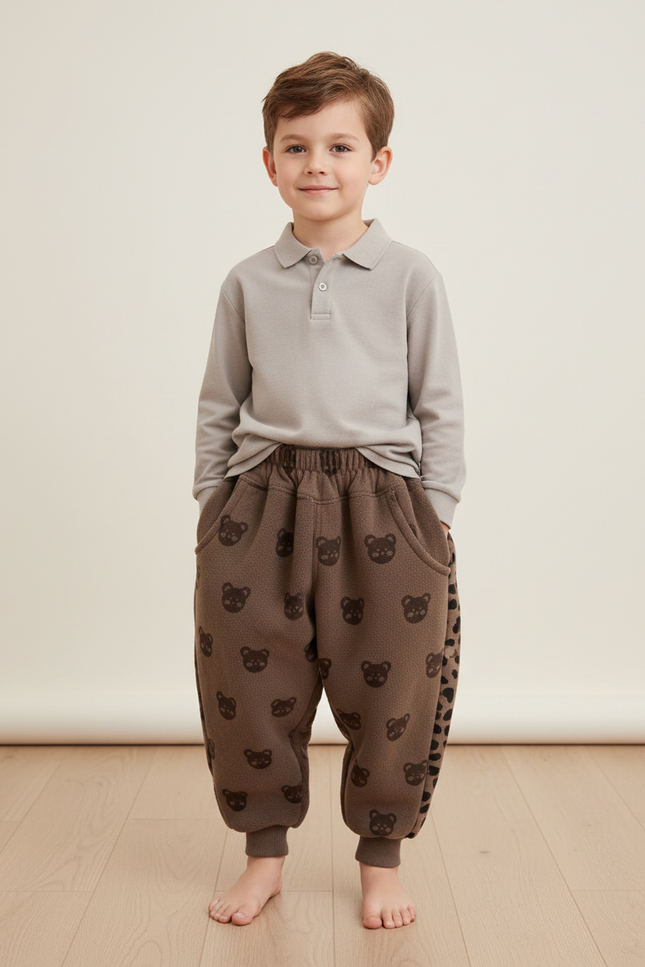 Pantalon Baggy Marron Molletonné Imprimé Ours Enfant