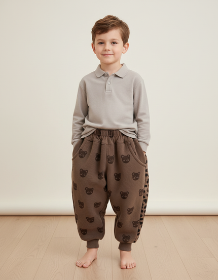 Pantalon Baggy Marron Molletonné Imprimé Ours Enfant