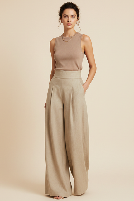 Pantalon Baggy Beige Lin Plissé Ample Élégant Fluide