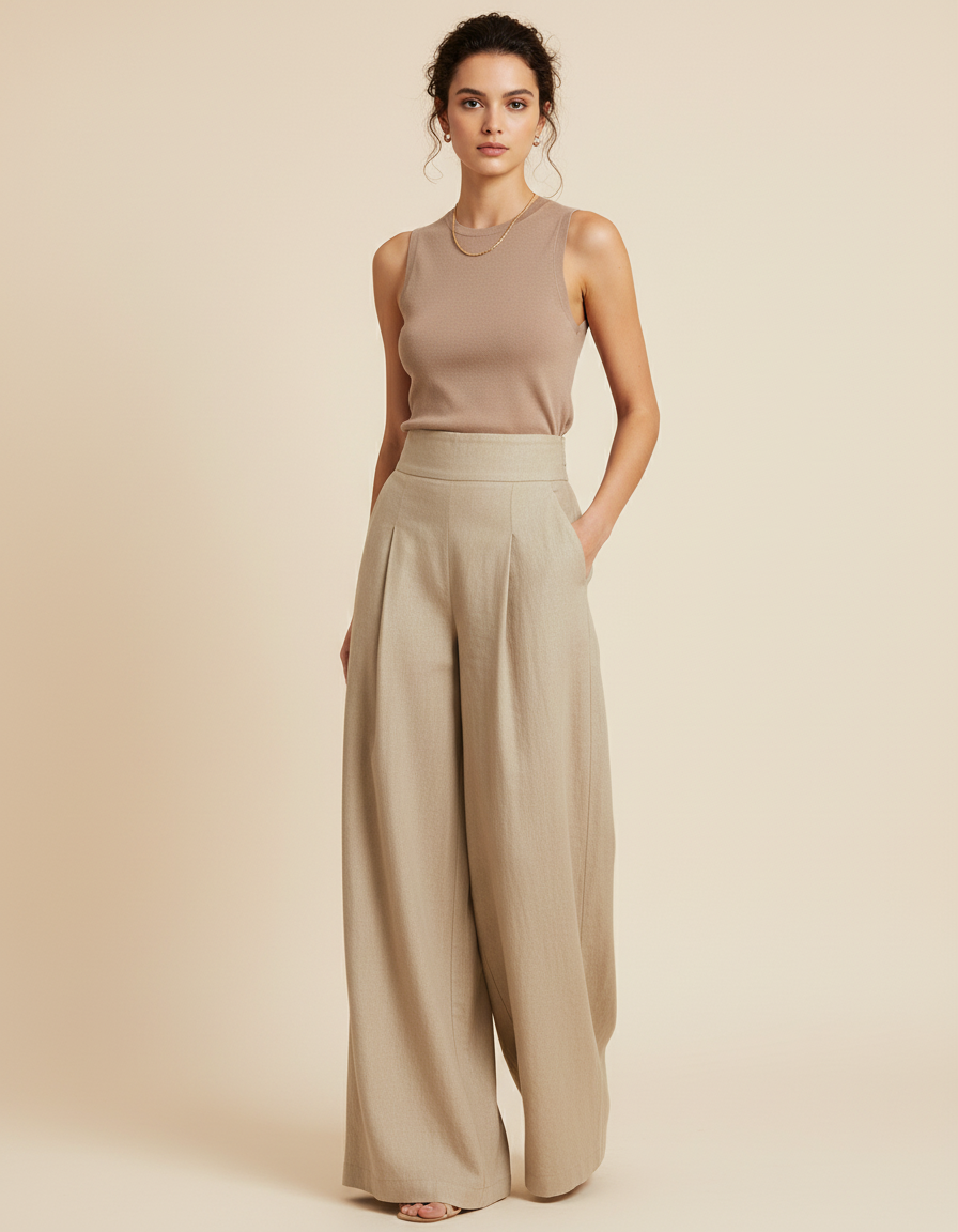 Pantalon Baggy Beige Lin Plissé Ample Élégant Fluide