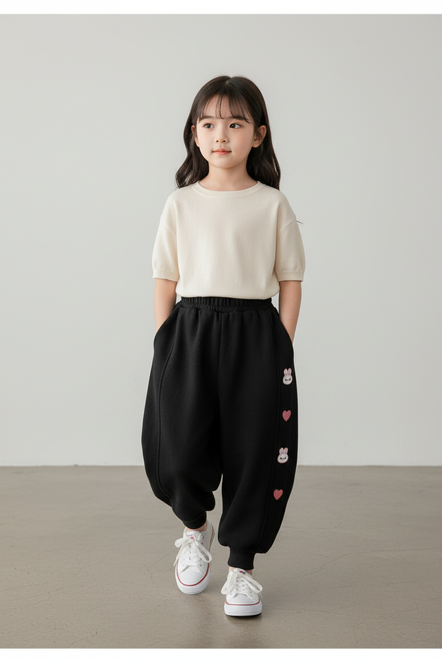 Pantalon Baggy Noir Ample Velours Lapin Cœurs Fille