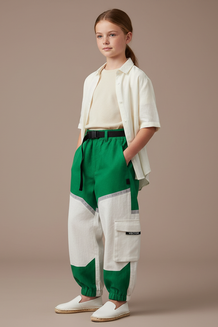 Pantalon Baggy Vert Crème Réfléchissant Cargo Enfant - Multicolore Toile