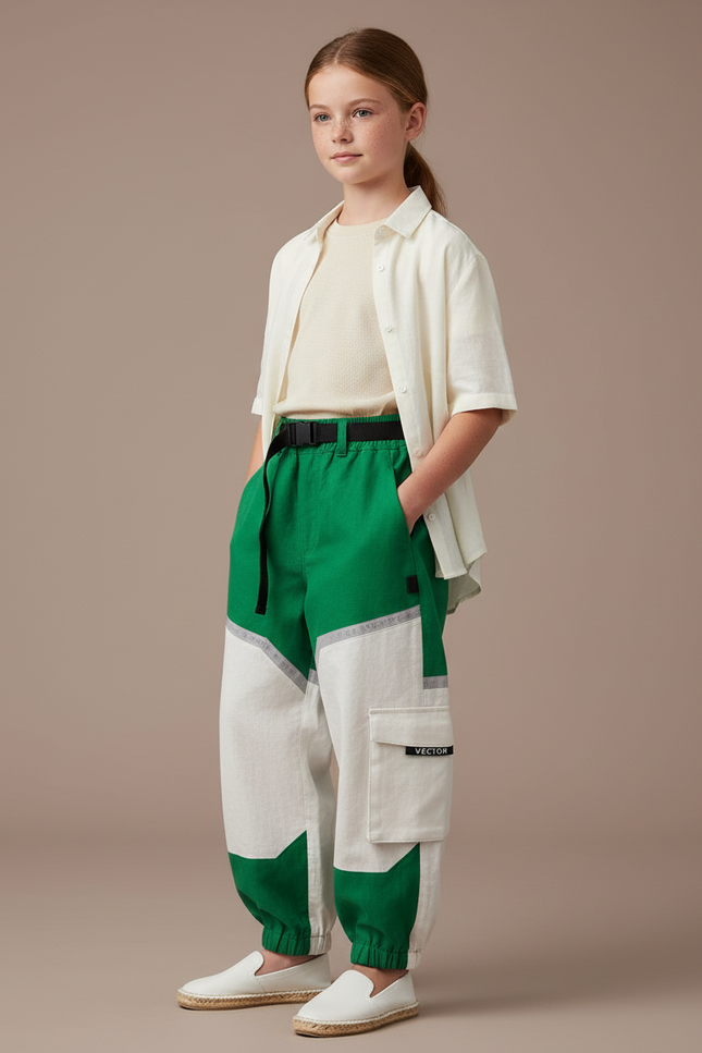 Pantalon Baggy Vert Crème Réfléchissant Cargo Enfant - Multicolore Toile