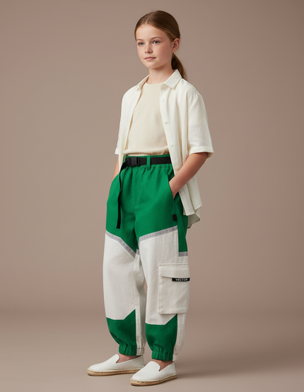 Pantalon Baggy Vert Crème Réfléchissant Cargo Enfant - Multicolore Toile