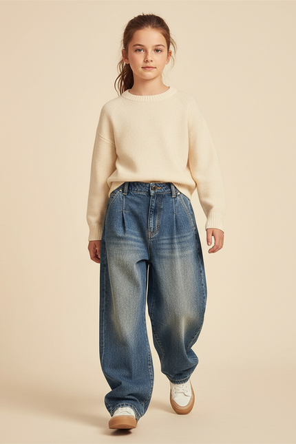 Pantalon Baggy Jean Bleu Ample Plissé Décontracté Fille