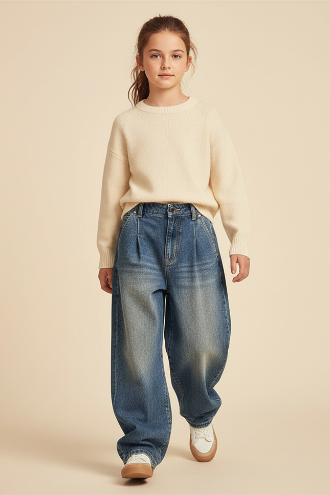 Pantalon Baggy Jean Bleu Ample Plissé Décontracté Fille
