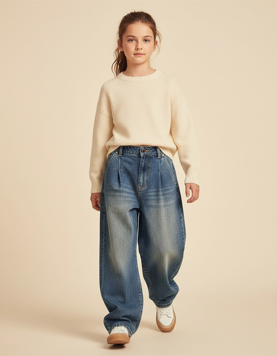 Pantalon Baggy Jean Bleu Ample Plissé Décontracté Fille