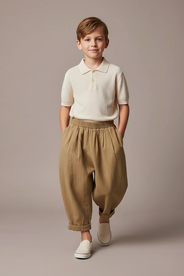 Pantalon Baggy Beige Coton Ample Garçon Rétro - Kaki