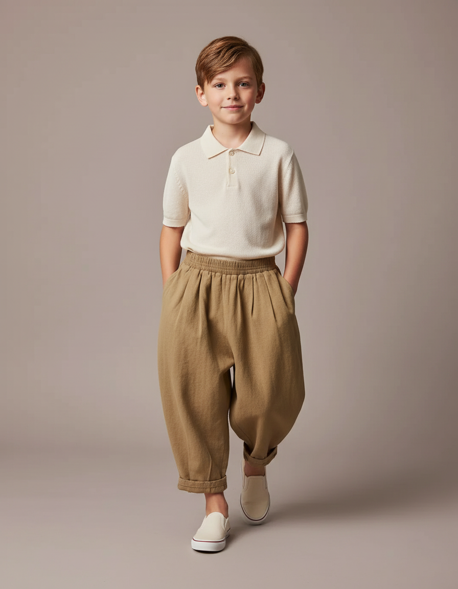 Pantalon Baggy Beige Coton Ample Garçon Rétro - Kaki
