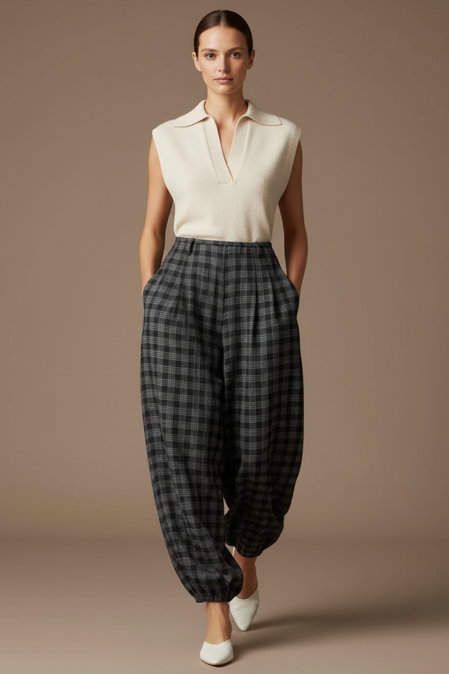 Pantalon Baggy Plaid Gris Ample Fluide Décontracté Femme - Laine