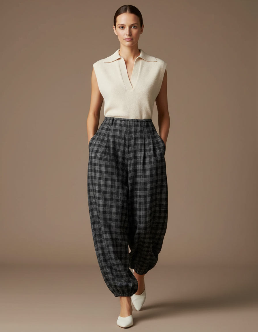 Pantalon Baggy Plaid Gris Ample Fluide Décontracté Femme - Laine