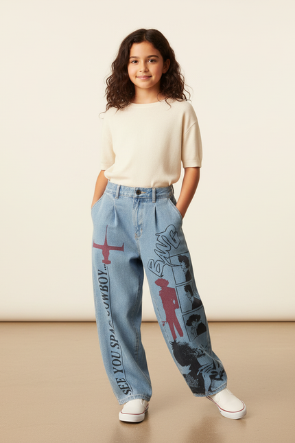 Pantalon Baggy Denim Imprimé Anime Manga Unisexe - Bleu Jean